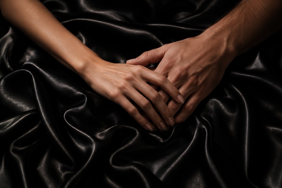 Two hands reaching toward each other on black satin