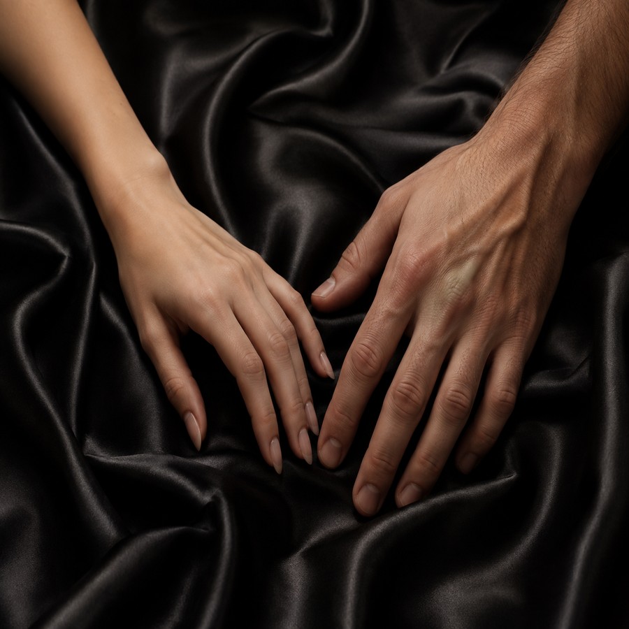 Two hands reaching toward each other on black satin