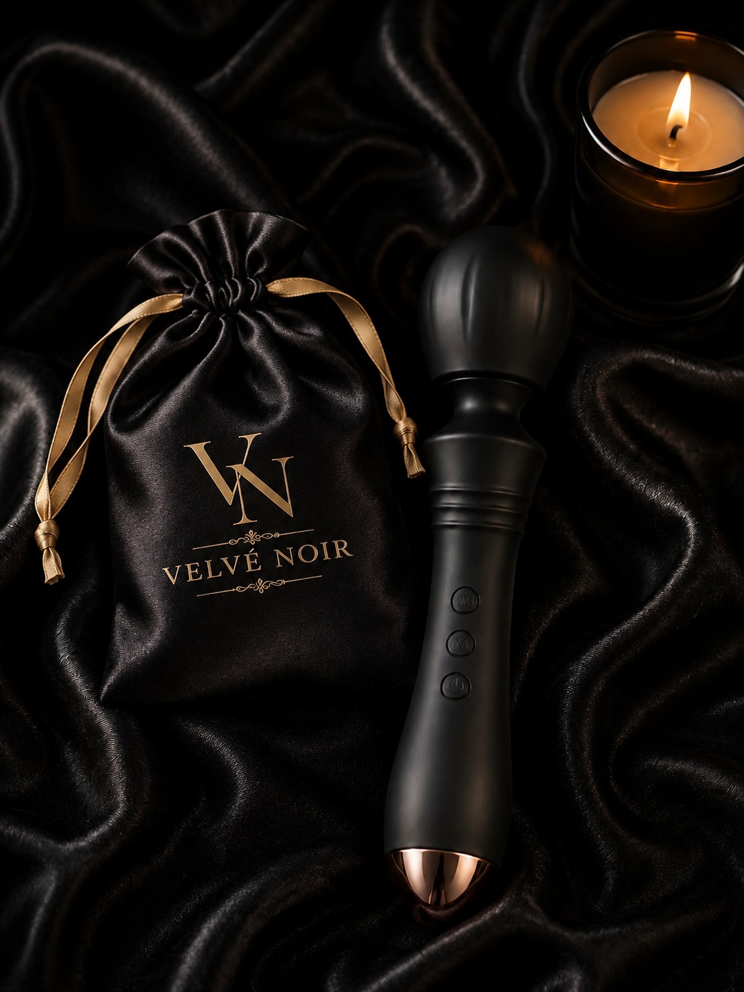 Rechargeable wand massager in matte black body-safe silicone with rose-gold accent and multi-speed controls