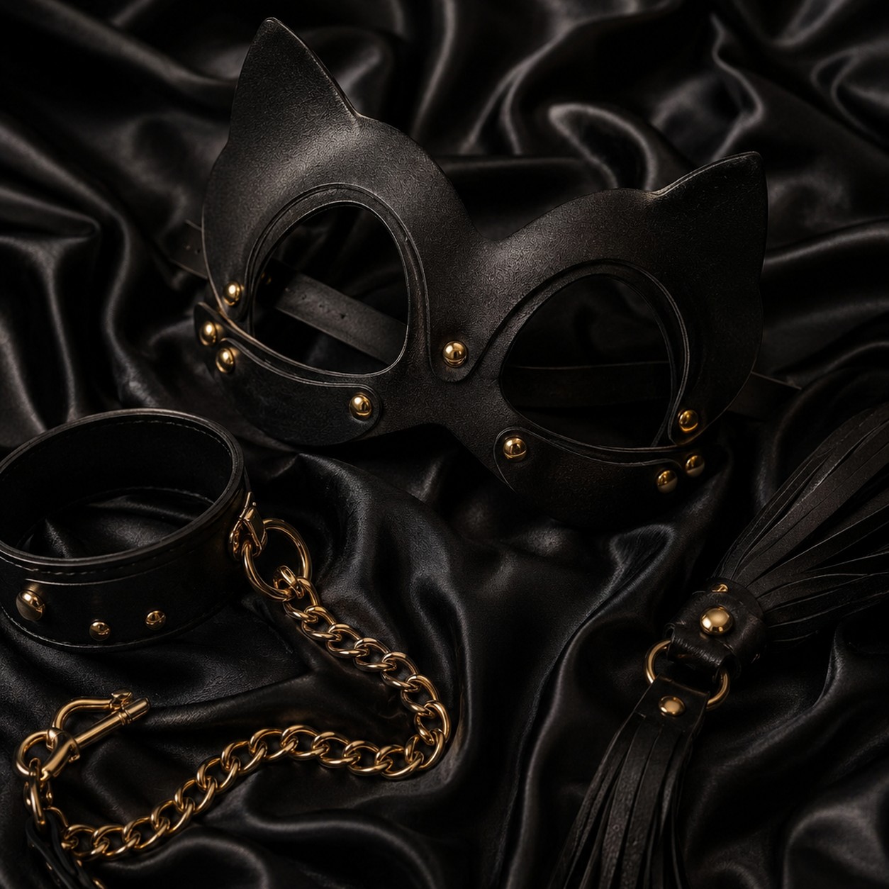 Three-piece roleplay set for couples in matte black vegan leather with gold-tone hardware: cat mask, cuff with detachable leash, and flogger